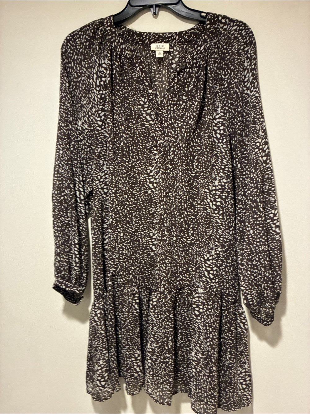 NWT a.n.a Brown White Spotted Animal Print Long-Sleeve Ruffle Hem Dress 0X